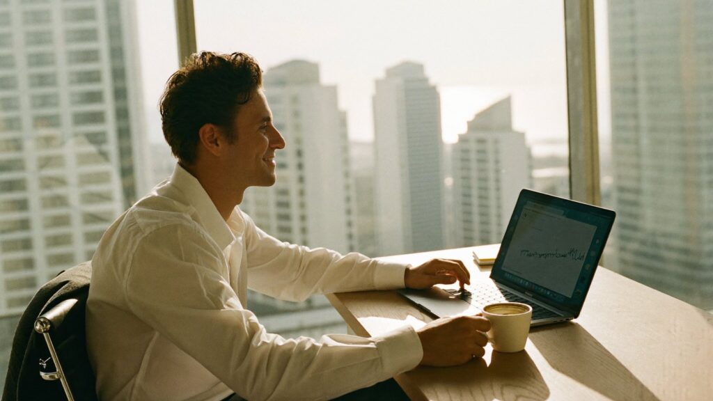 A man works at his laptop by a sunrise window above the city, checking whether split-year treatment applies on his return.