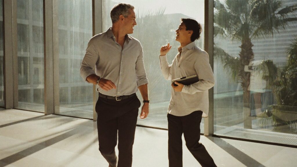 Two colleagues talk as they walk through a sunlit glass atrium, discussing temporary non-residence and UK tax on gains.
