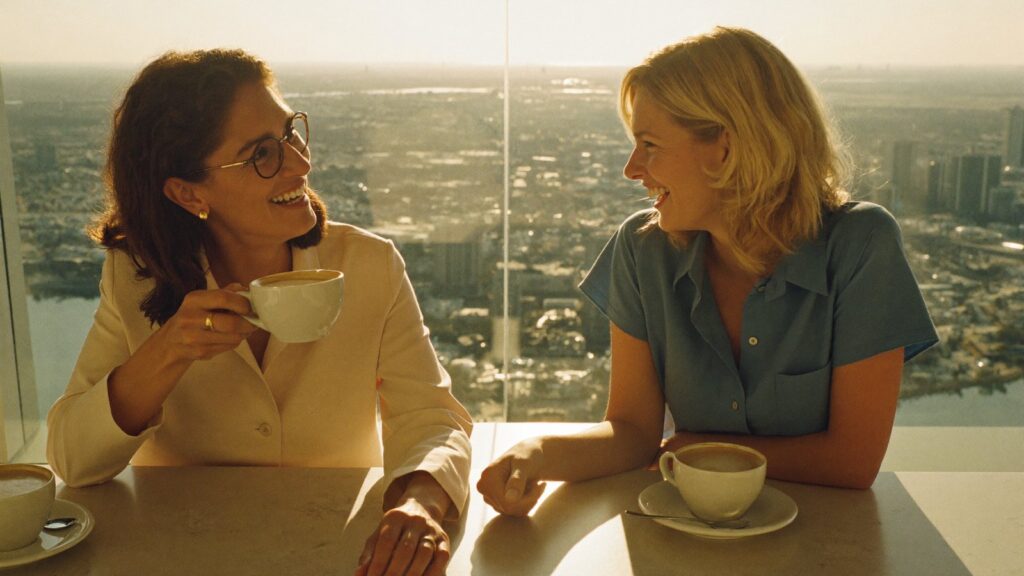 Two women laugh over coffee at a window table above the city, talking through what happens to investments on leaving the UAE.