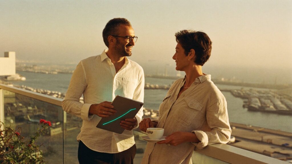 A couple talk over a tablet at a balcony rail above the marina, deciding what to do with a UK pension before moving home.