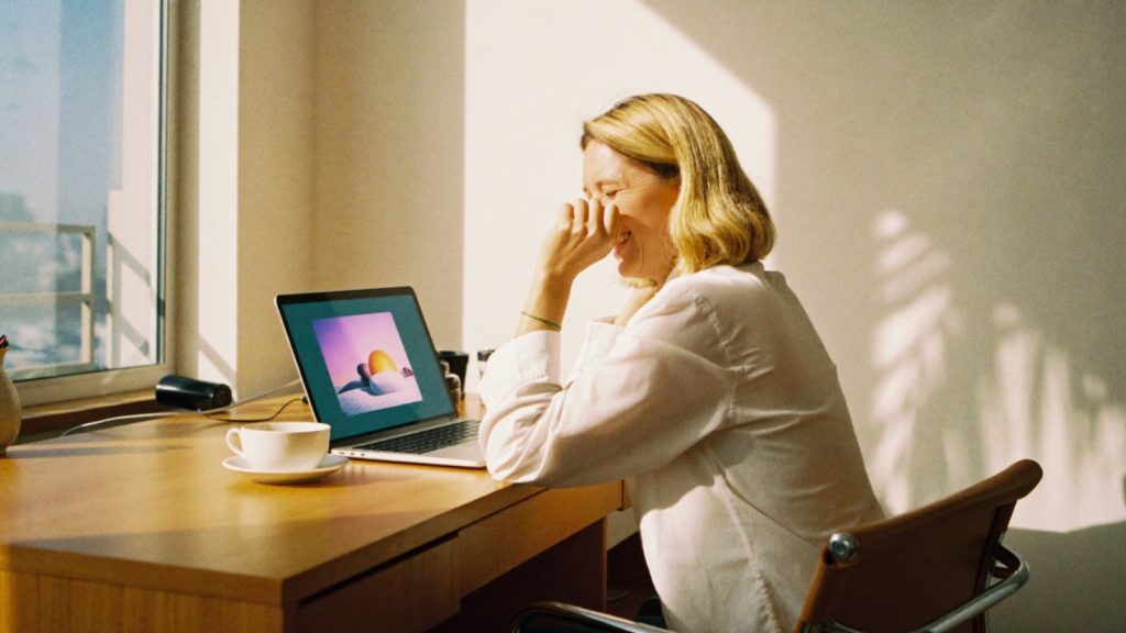 A woman laughs at her sunlit home desk, checking whether voluntary National Insurance is worth paying from abroad.