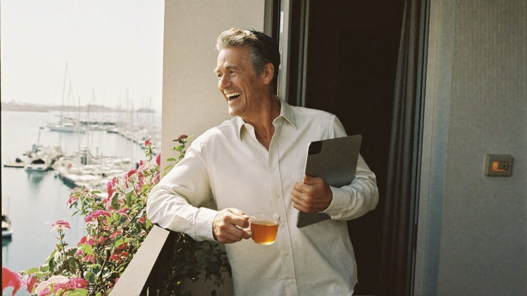A silver-haired man laughs on his marina balcony, tea in hand, after claiming a UK State Pension from Dubai.