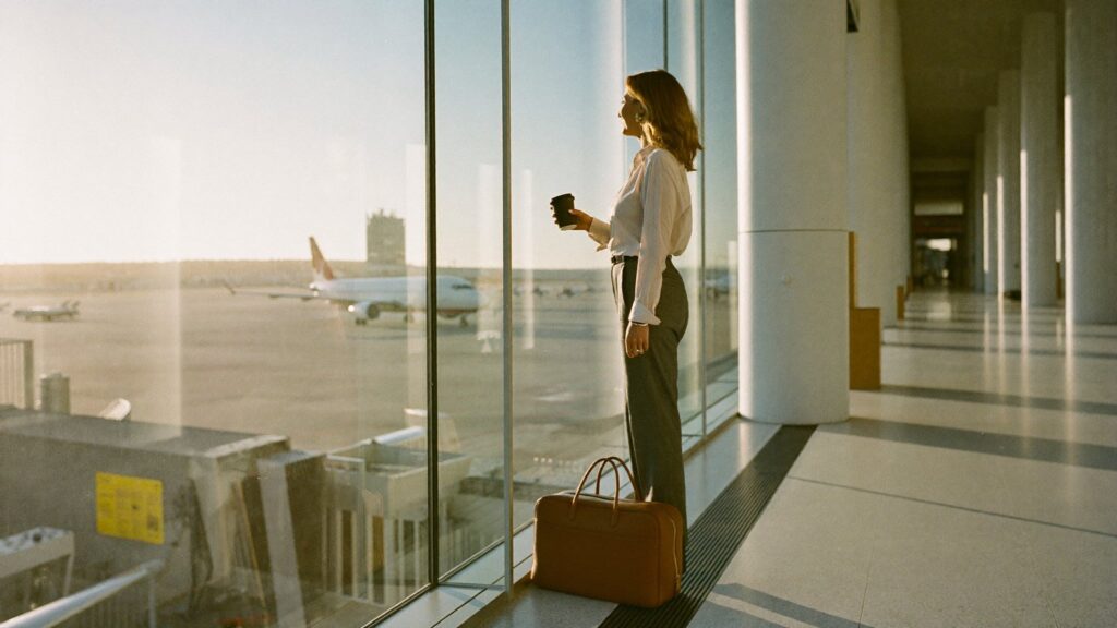A woman with a cabin bag waits at an airport window at sunrise, before asking whether a UK pension can move to Dubai.