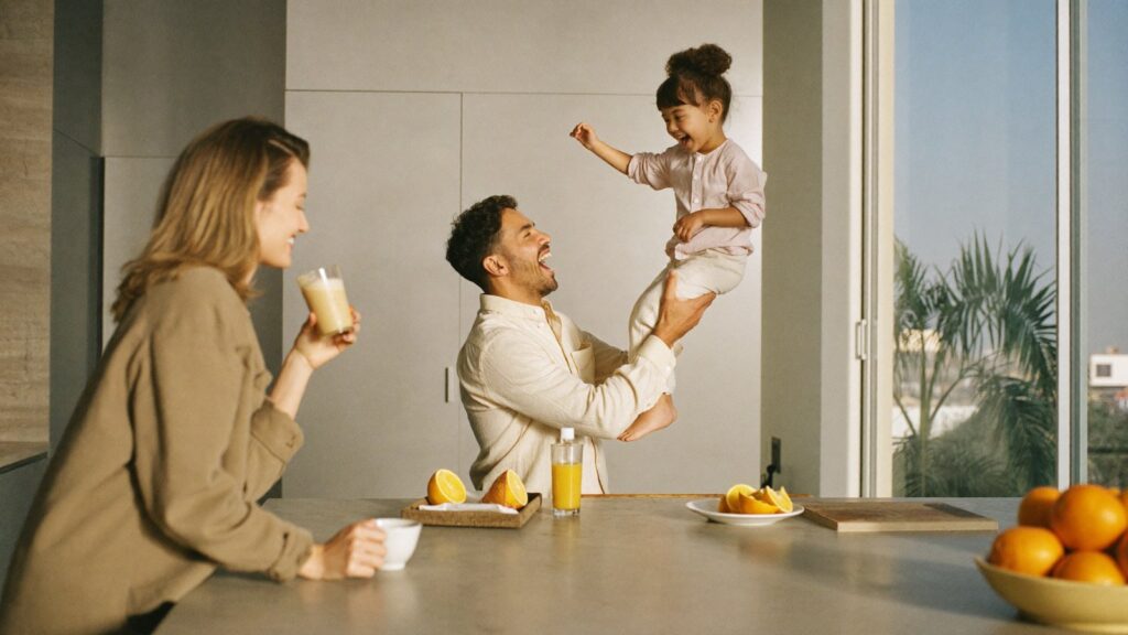Parents play with their toddler at a bright kitchen island, the everyday an expat family emergency file is built to protect.