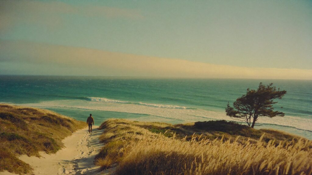 A lone walker heads down a dune path to a wide Australian beach, the destination behind a financial return from Dubai.